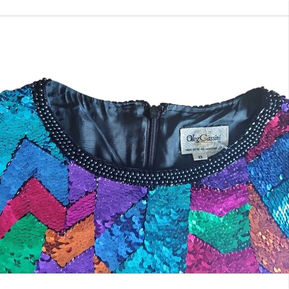 Vintage 80s Oleg Cassini Sequin Top 100% Silk & Rayon Sz 8 Statement Piece Artsy - Picture 5 of 16